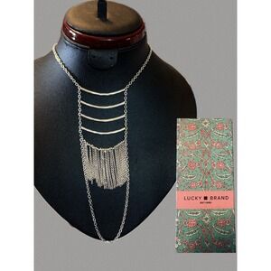 Lucky Brand Silver Tone Statement Multi-Tier Bib Necklace with Chain Fringe